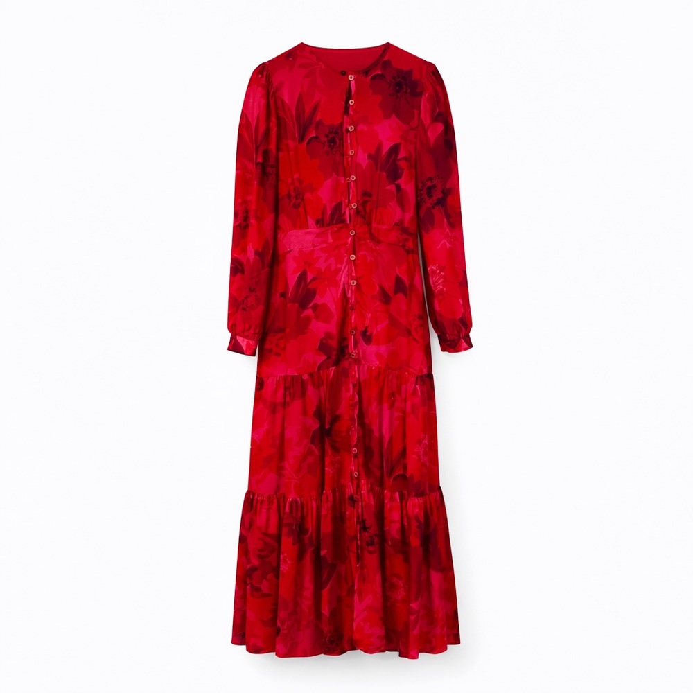 THIRD Red Floral Maxi Dress Tiered Button Long Sleeve S wedding guest MAXI USA‎